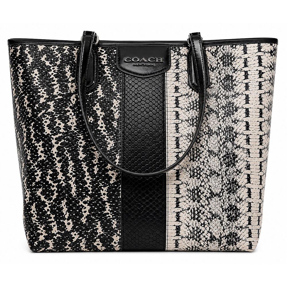 COACH Snakeskin Print Tote Bag Black White Patent Leather Shoulder Animal Bag